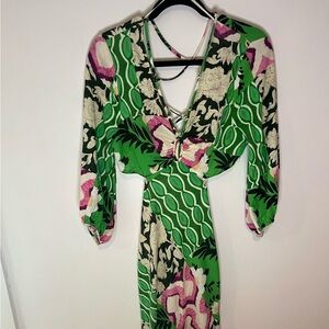 COPY - ZARA PRINTED LINEN BLEND MIDI DRESS V-NECK